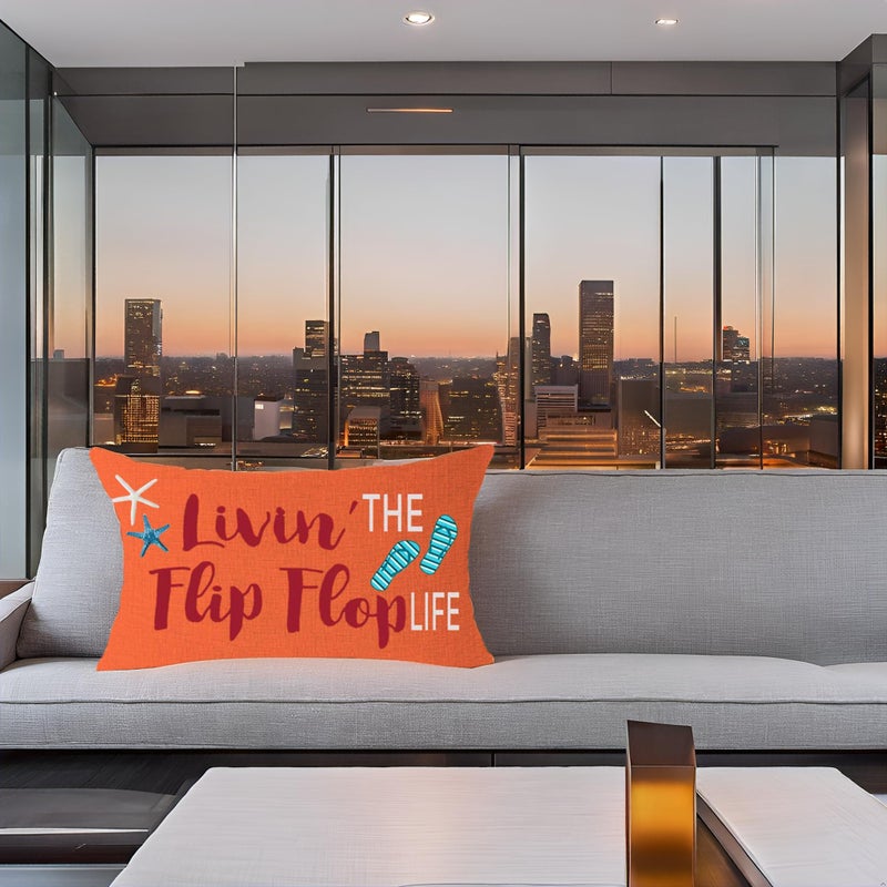 FELENIW Livin' The Flip Flop Life Starfish Shell Fun Quote Gift for Beach Lake Camping Outdoor Throw Pillow Cover Cushion Case Cotton Linen Decorative Lumbar 12x20 inch - Image 3